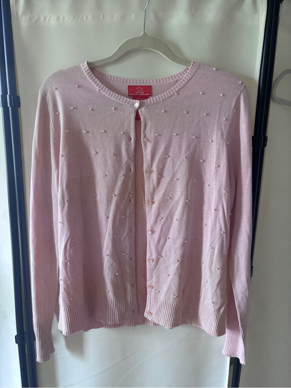 Oscar de la Renta Light Pink Beaded Crewneck Cardigan Silk Cotton Blend